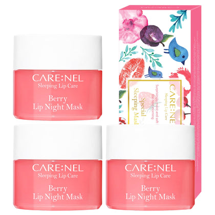 CARE:NEL front packaging of berry lip mask trio showing compact travel pots and brand