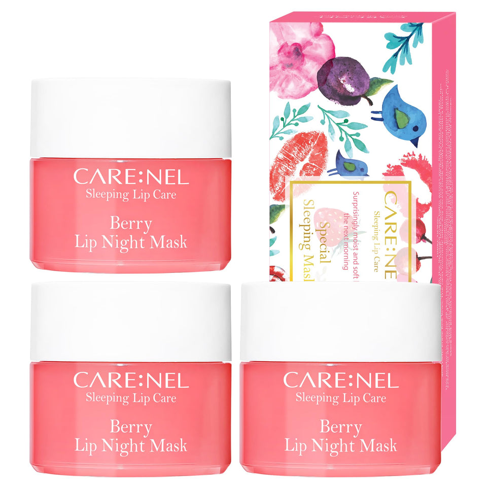 CARE:NEL front packaging of berry lip mask trio showing compact travel pots and brand
