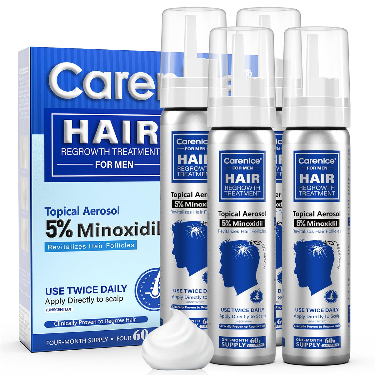 CARENICE front packaging showing unscented 5% minoxidil and biotin benefits