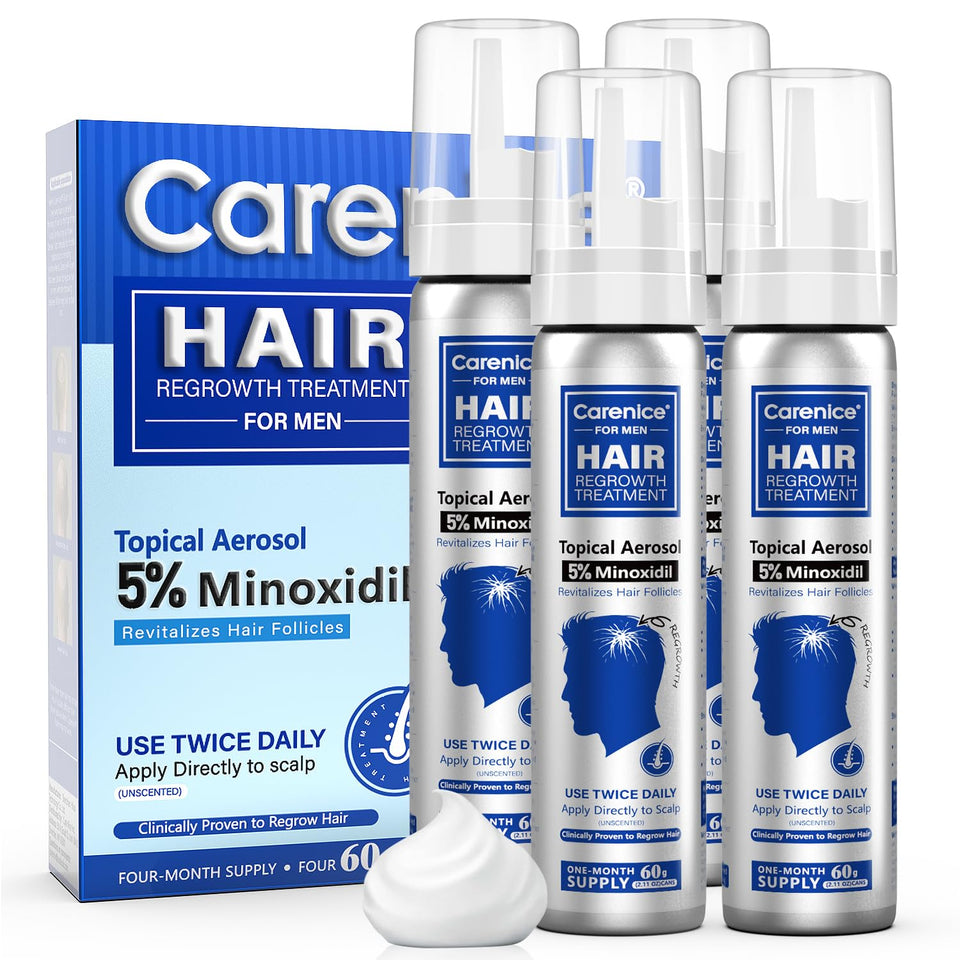 CARENICE front packaging showing unscented 5% minoxidil and biotin benefits