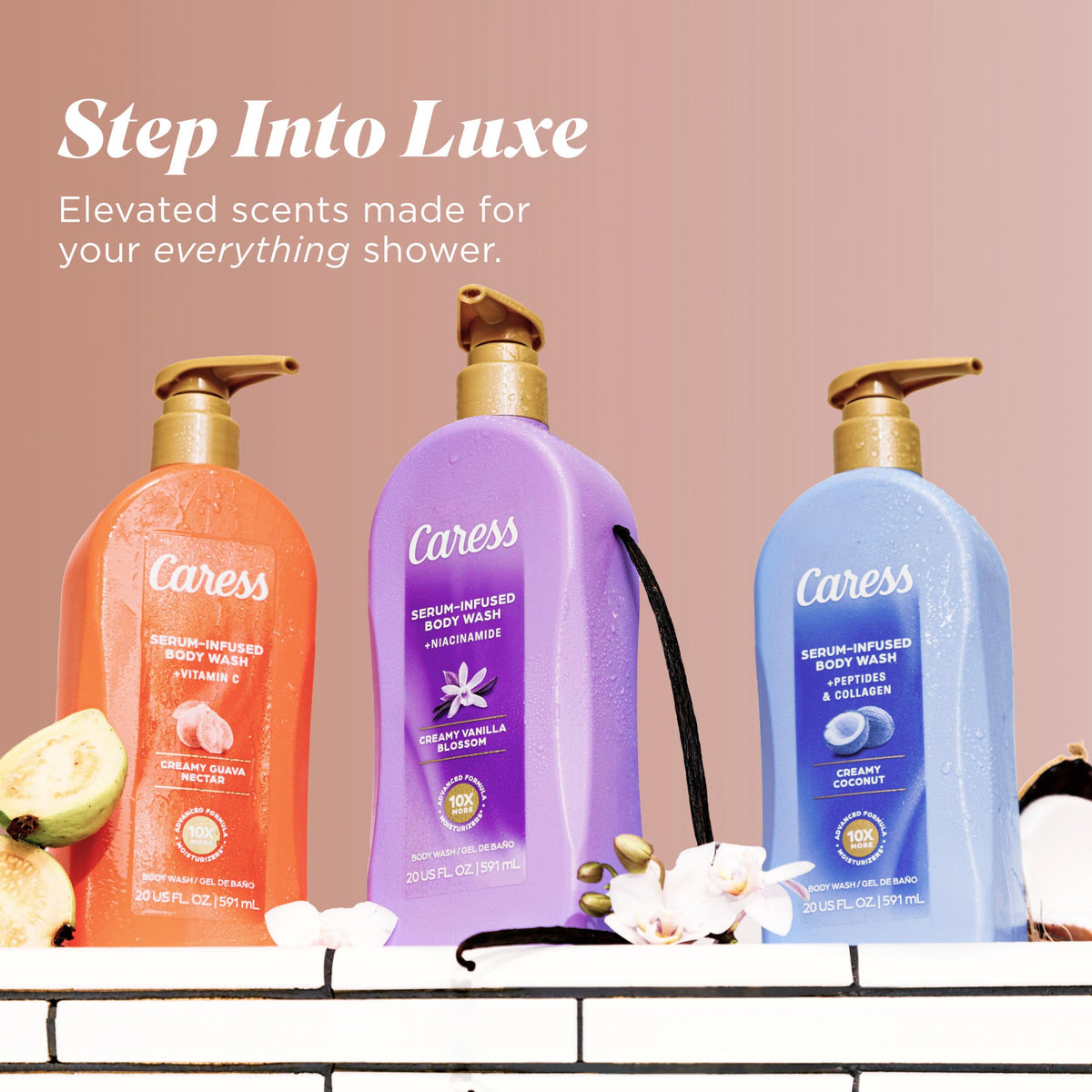 Caress bottle styled on bath rack showing aesthetic appeal and daily indulgence