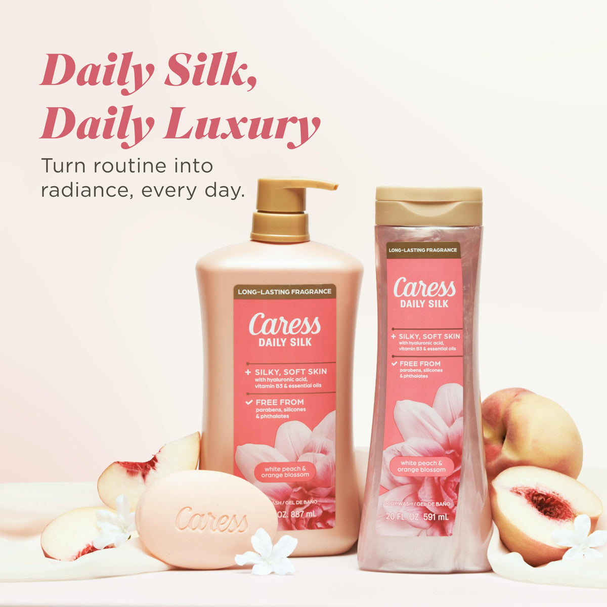 Caress on a shower shelf lifestyle image showing spa-like routine and fragrant care benefit