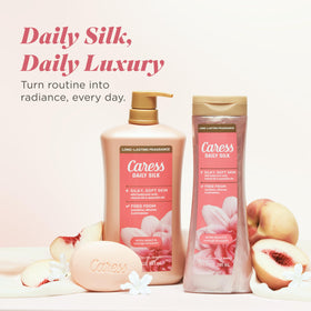 Caress on a shower shelf lifestyle image showing spa-like routine and fragrant care benefit