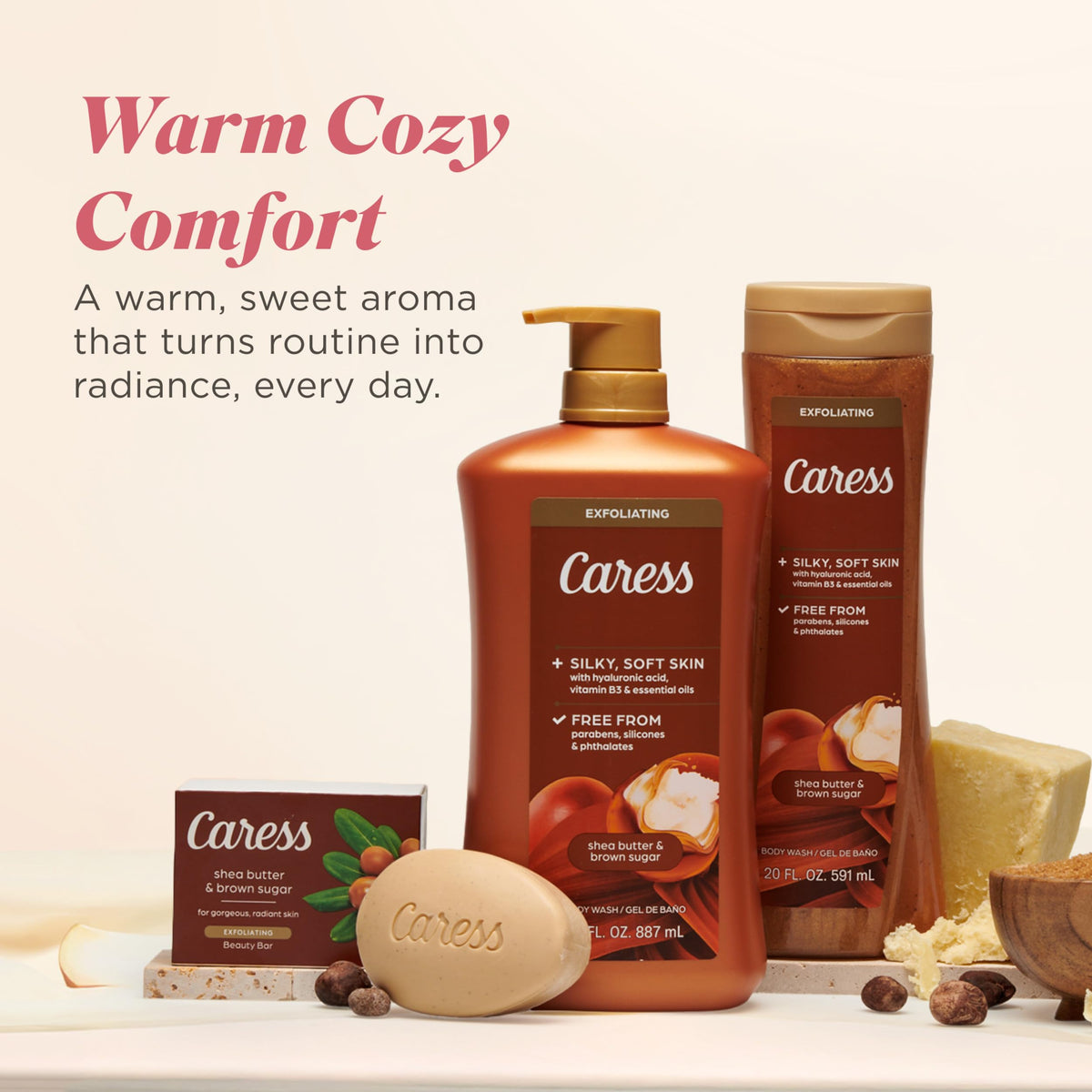 Caress in a steamy bathroom lifestyle shot conveying indulgent morning routine