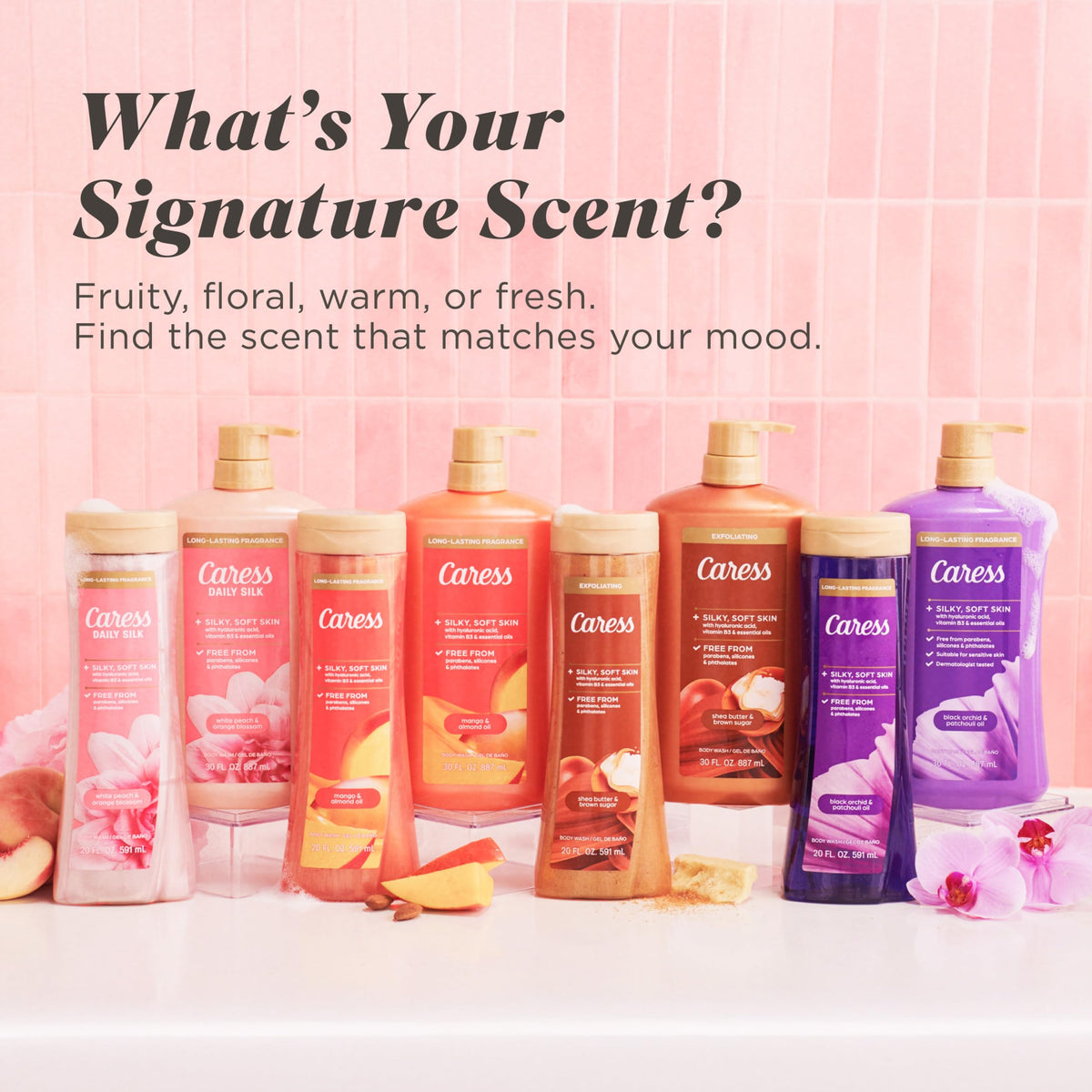 Caress bottle on bath shelf styled for storage and bathroom décor appeal