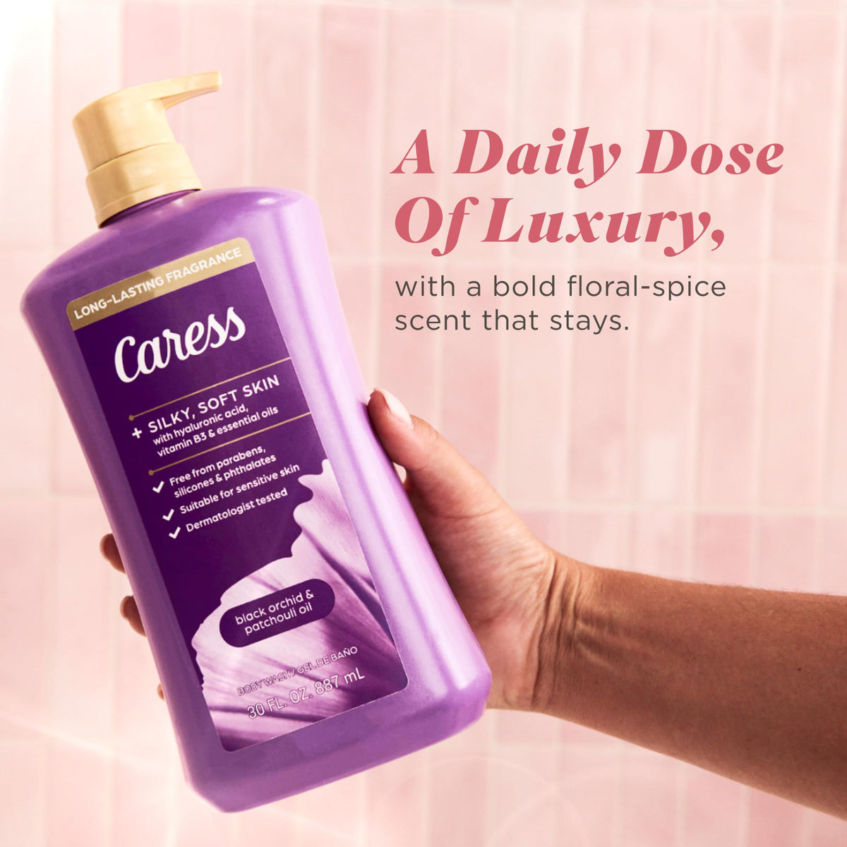 Hyaluronic acid and botanical visuals representing Caress hydration support