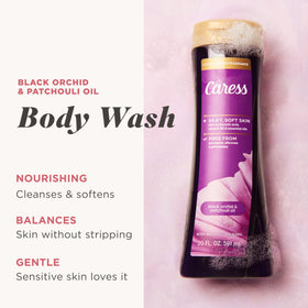 Close-up of Caress label highlighting scent notes and ingredient callouts
