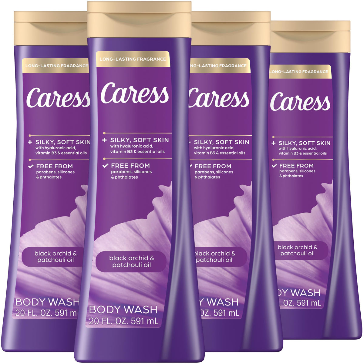 Caress bottle front packaging showing fragrance and 4-pack convenience