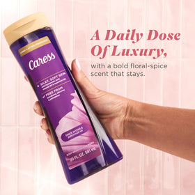 Caress bottle beside a hand to show 20 fl oz scale and easy grip