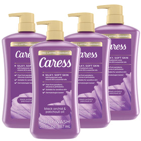 Caress bottle front view showing black orchid fragrance and pump, leaves skin soft