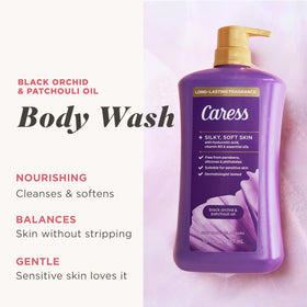 Close-up of Caress label highlighting fragrance notes and ingredient benefits