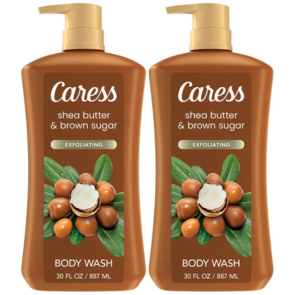 Caress bottle front view highlighting shea butter brown sugar scent and moisturizing benefit