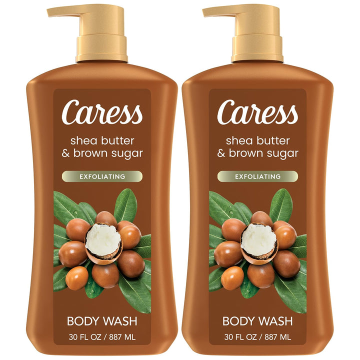 Caress bottle front view highlighting shea butter brown sugar scent and moisturizing benefit