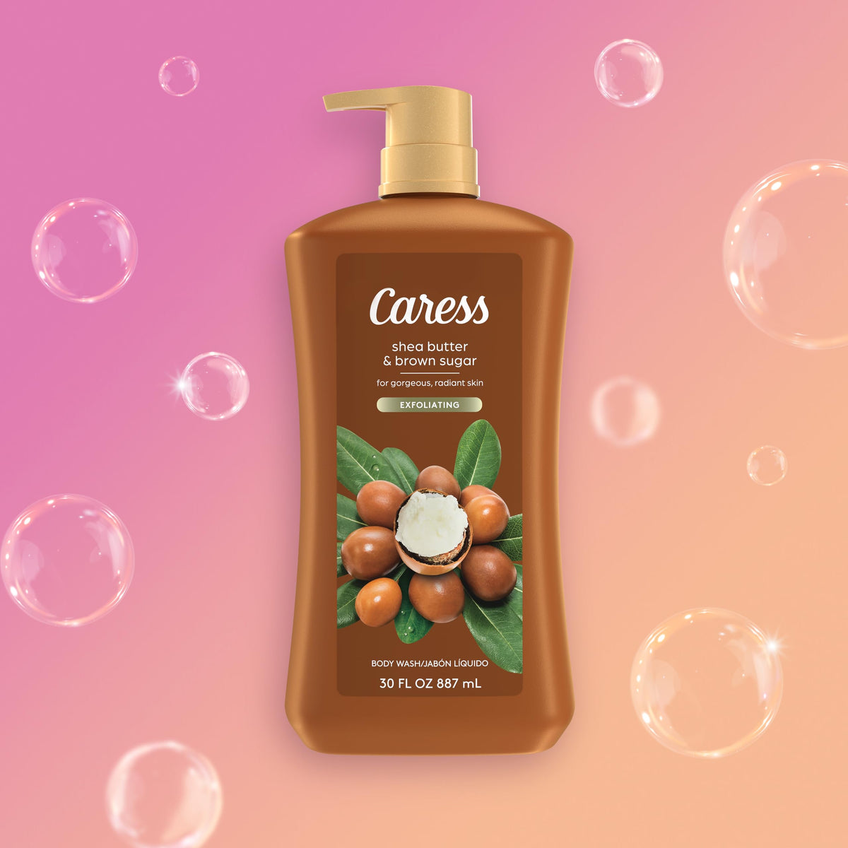 Caress label detail showing ingredients and recyclable packaging benefit