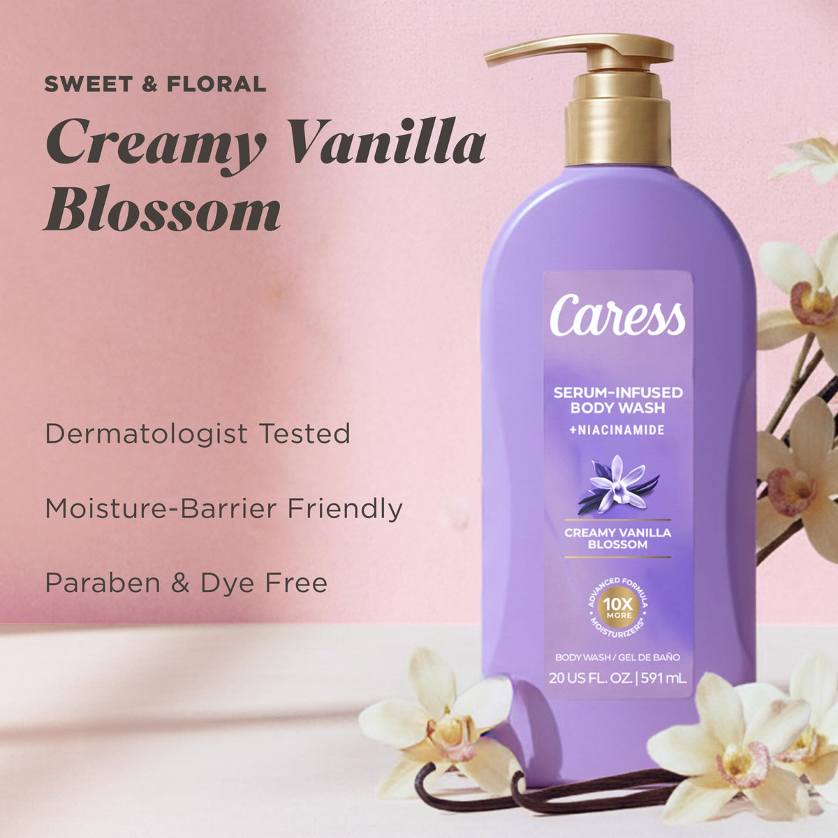 Caress bottle in hand showing scale and convenient pump for quick showers