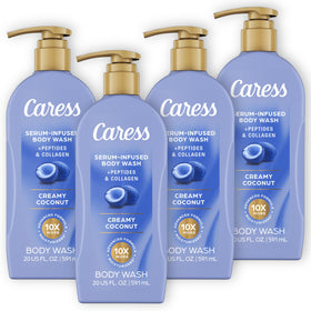 Caress bottle front packaging showing creamy coconut scent and pump for convenience