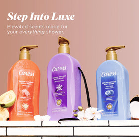 Bathroom lifestyle scene with Caress bottle creating a spa-like shower moment