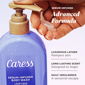 Closeup of Caress pump dispensing body wash highlighting easy single-hand use