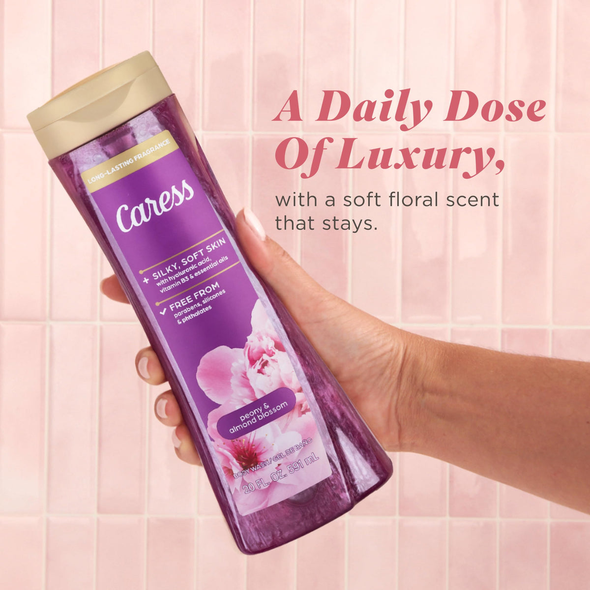 Caress peony and almond blossom still life illustrating fragrance notes benefit