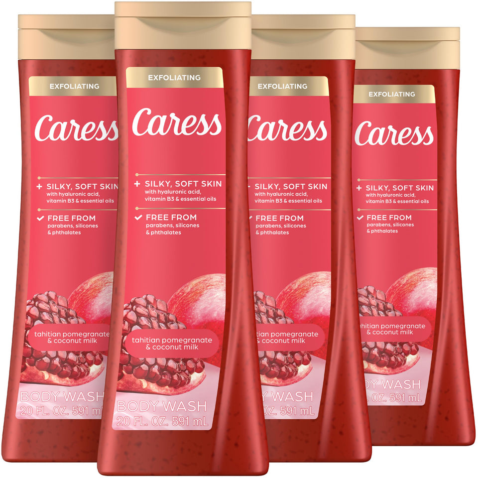 Caress front packaging showing Tahitian pomegranate scent and benefits