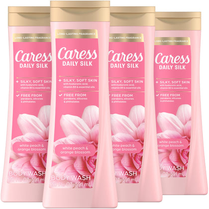 Caress front packaging showing white peach and orange blossom fragrance and benefit of lasting scent