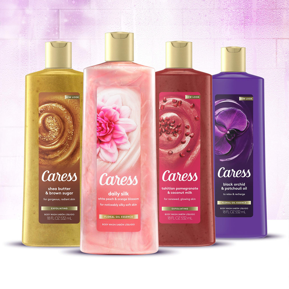 Caress bottle staged in bathroom routine showing convenient pump and fragrant benefit