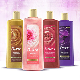 Caress bottle staged in bathroom routine showing convenient pump and fragrant benefit