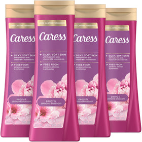Caress front packaging showing peony and almond blossom fragrance benefit