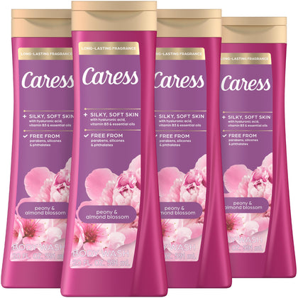 Caress front packaging showing peony and almond blossom fragrance benefit