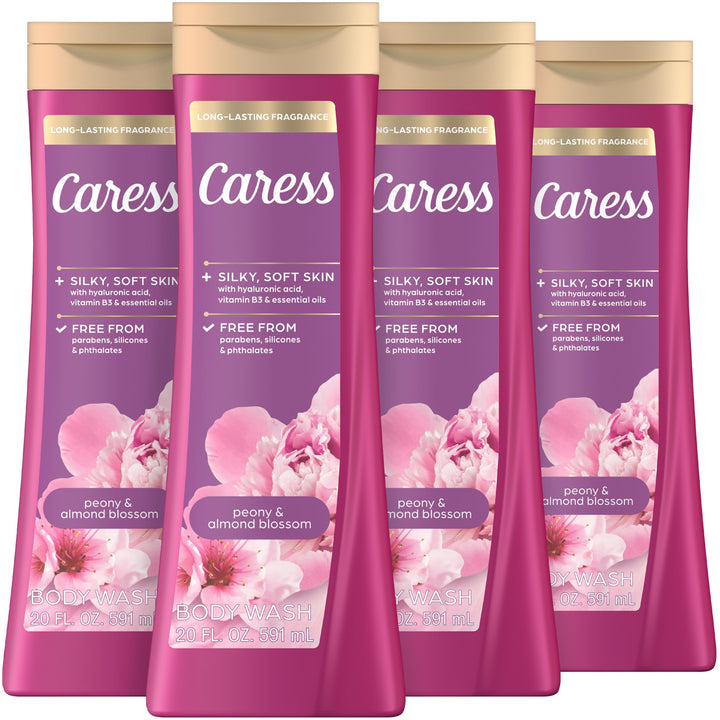 Caress front packaging showing peony and almond blossom fragrance benefit