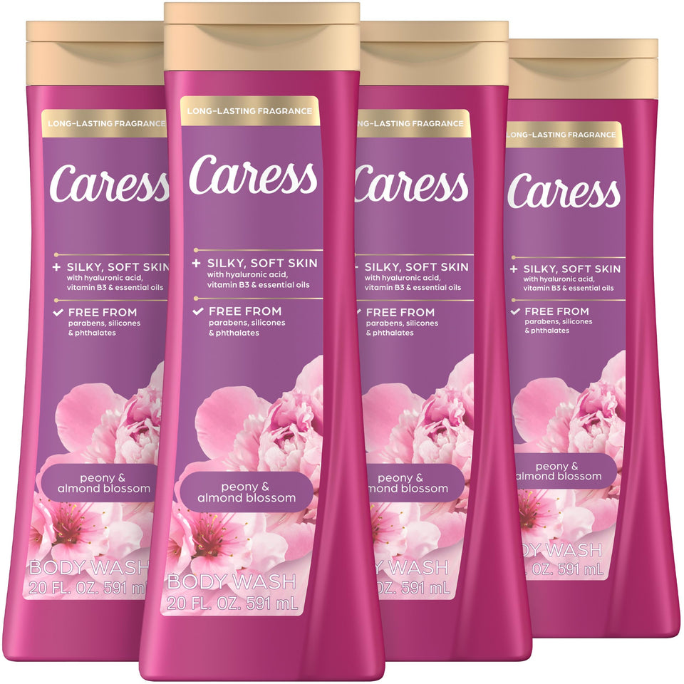 Caress front packaging showing peony and almond blossom fragrance benefit