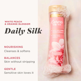 Caress pump and label close-up highlighting brand and easy dispensing benefit