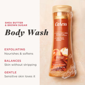 Caress pump and label detail highlighting easy-dispense and scent-rich formula