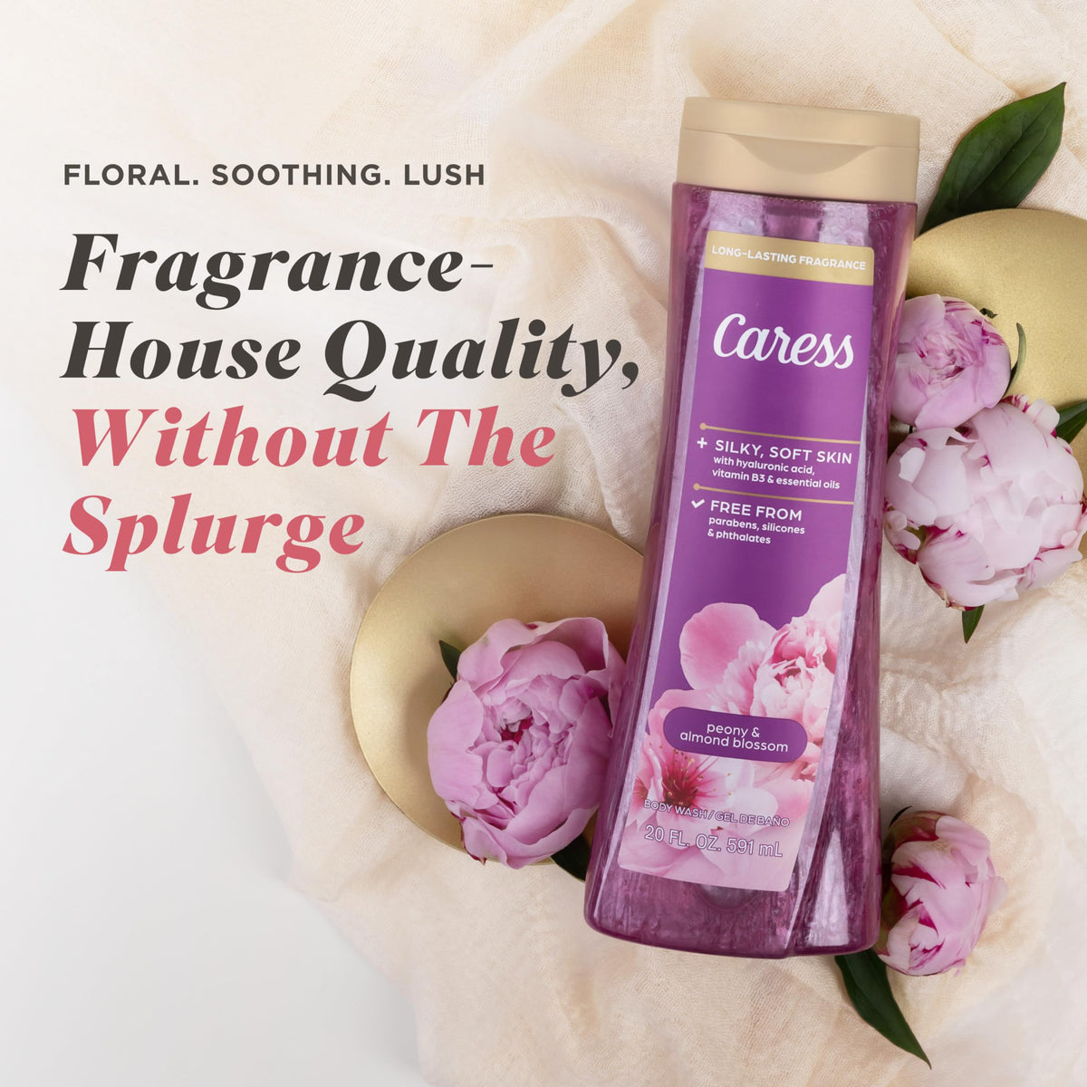 Caress pump bottle label detail highlighting ingredient transparency and benefit