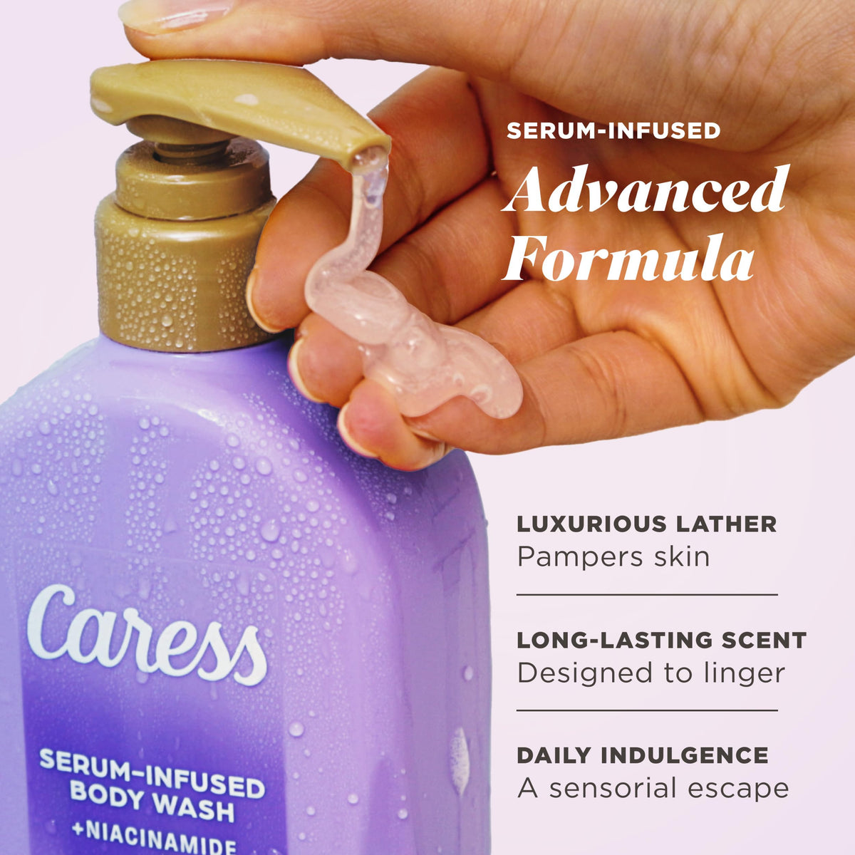 Caress pump dispensing body wash illustrating controlled, mess-free use