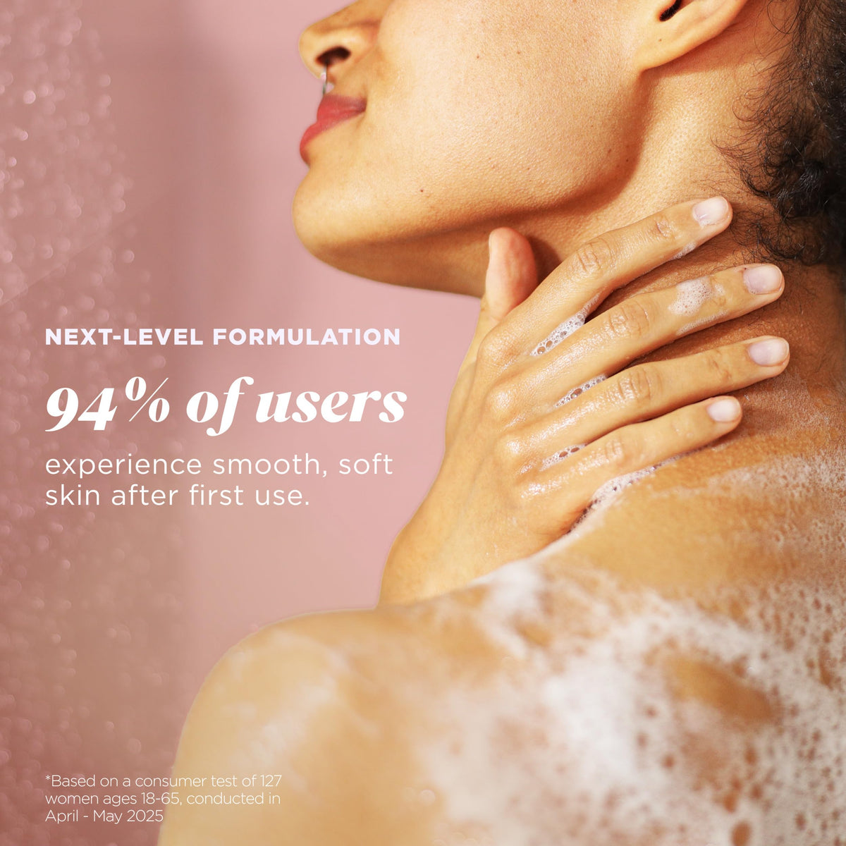 Caress bottle on shower shelf with steam conveying relaxing fragrance benefit
