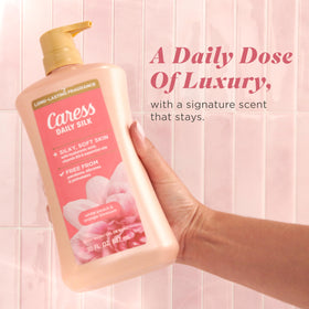 Caress bottle next to common item showing 30 fl oz size and long-lasting supply benefit