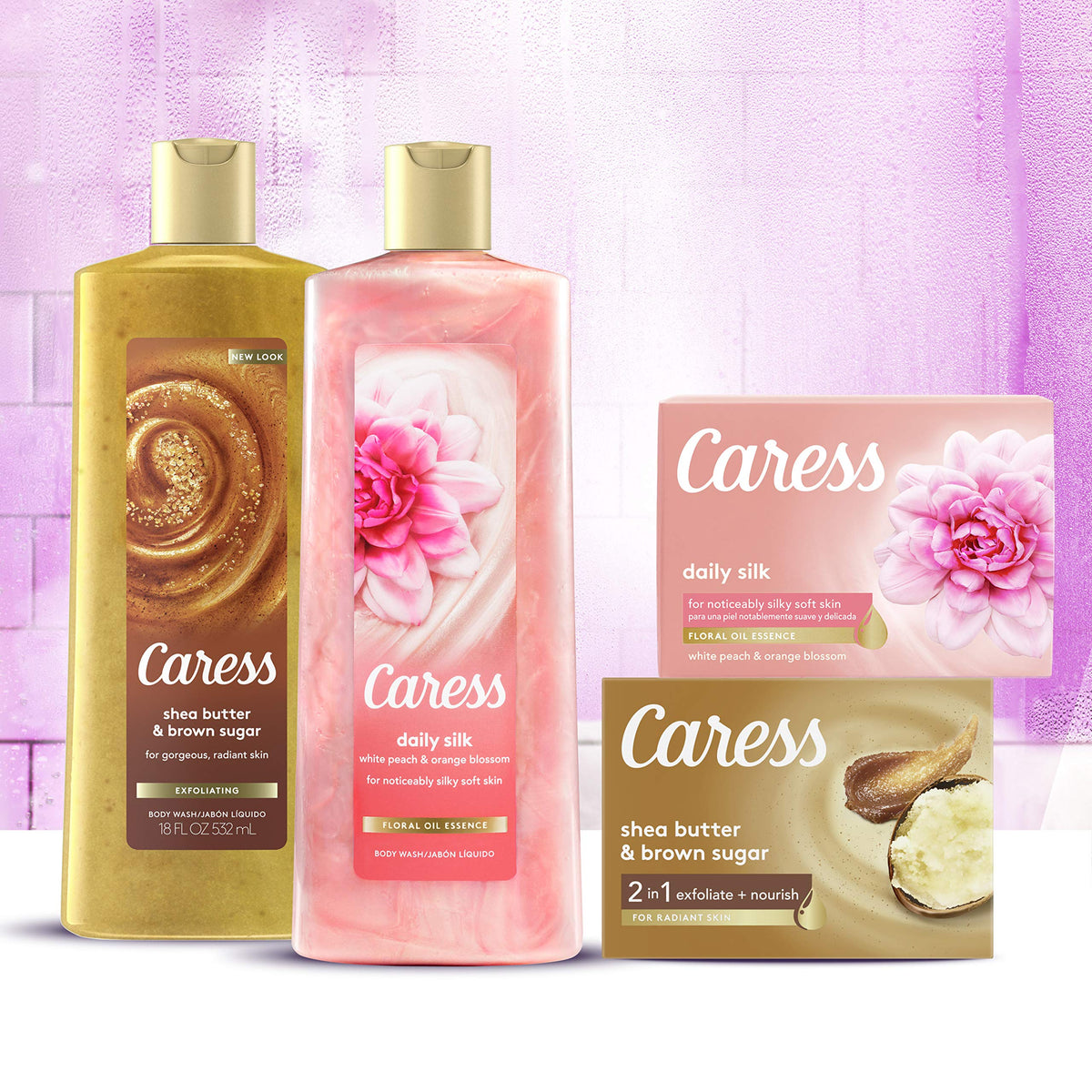 Caress bottle next to ruler for size scale showing 25.4 oz long-lasting benefit