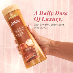 Caress bottle next to hand for scale illustrating the 20 fl oz practical volume