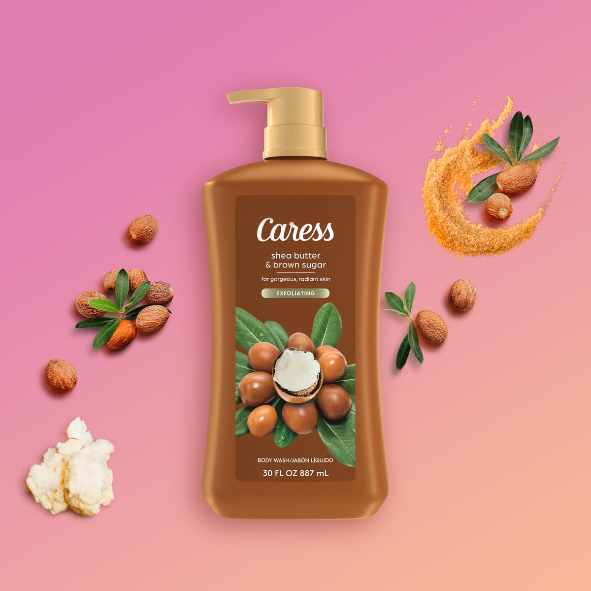 Caress two-pack on shelf showing 30 fl oz scale and value pack convenience
