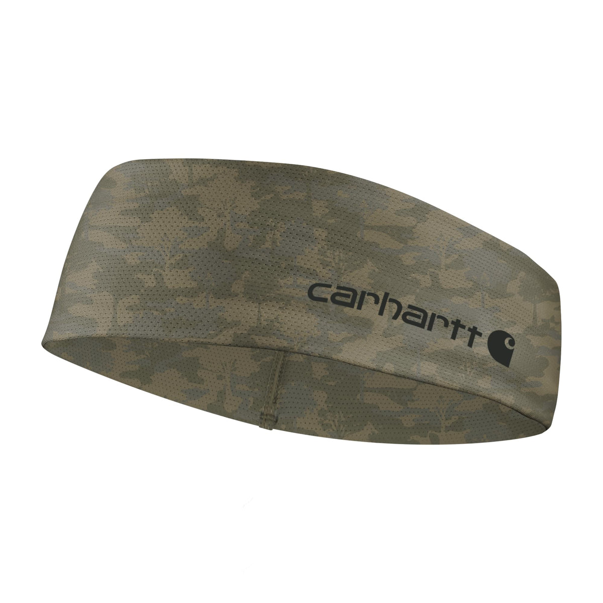 Carhartt headband front view showing tree camo burnt olive and low-profile fit