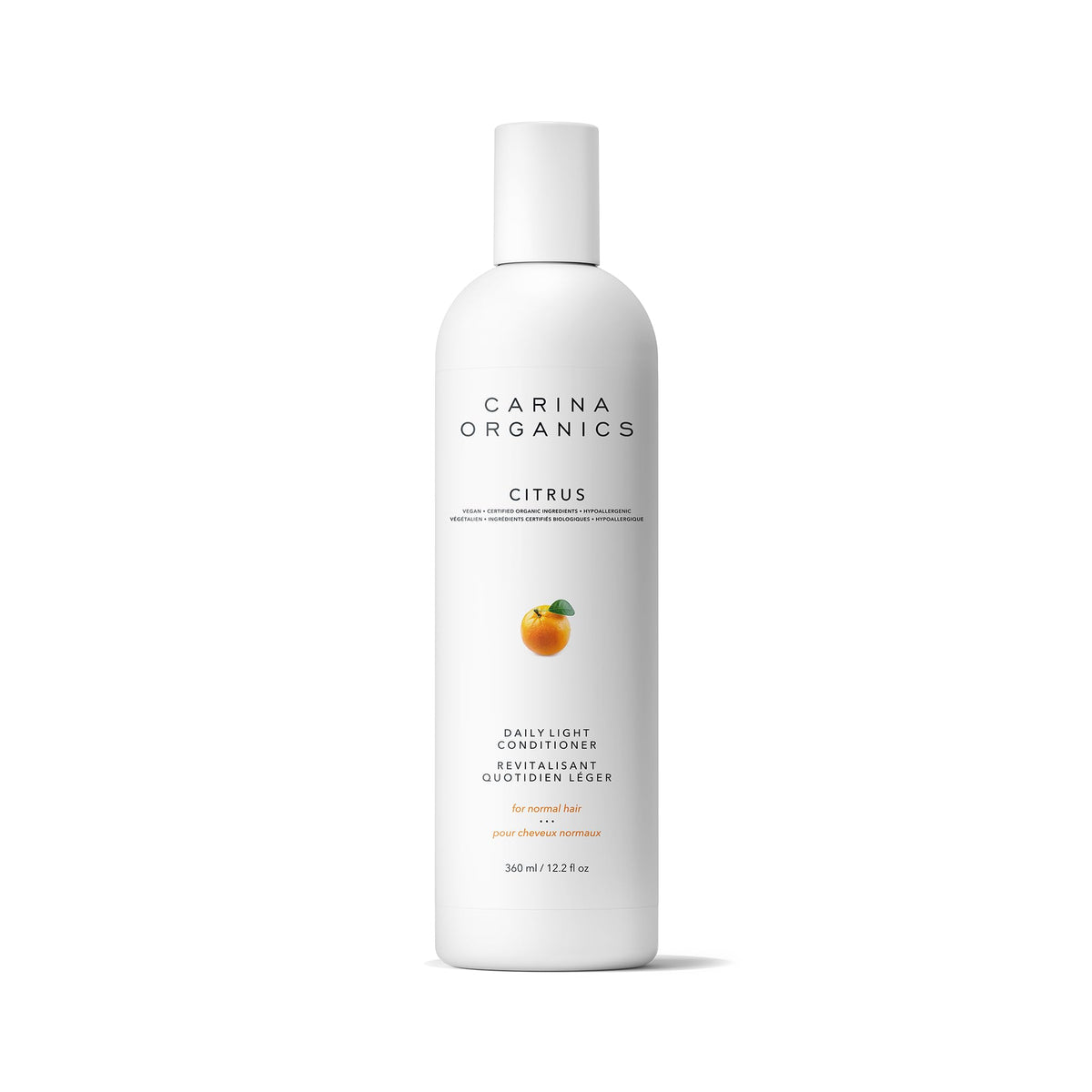 Carina Organics bottle front view showing label and citrus benefit