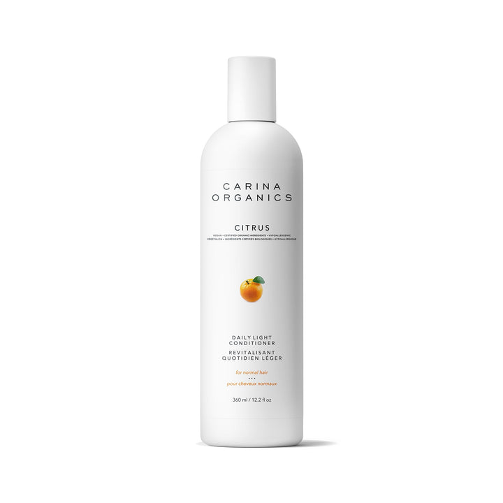 Carina Organics bottle front view showing label and citrus benefit