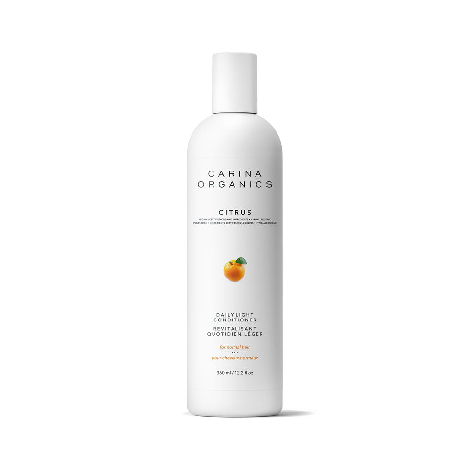 Carina Organics bottle front view showing label and citrus benefit