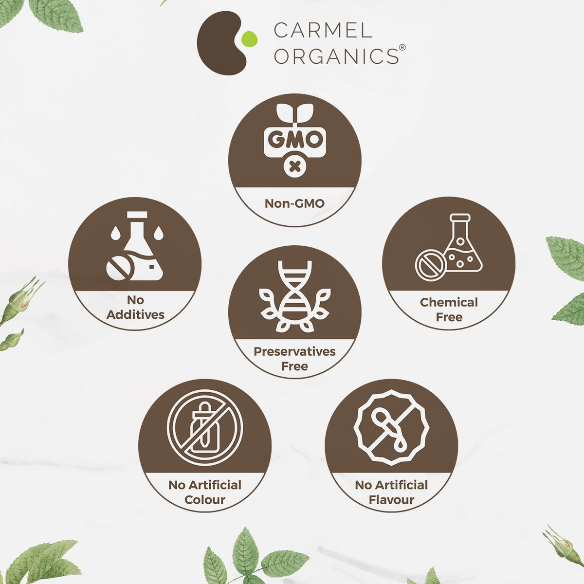 CARMEL ORGANICS packet beside measuring spoons showing package scale