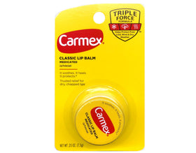 Carmex jar front view showing label and compact size for easy carrying