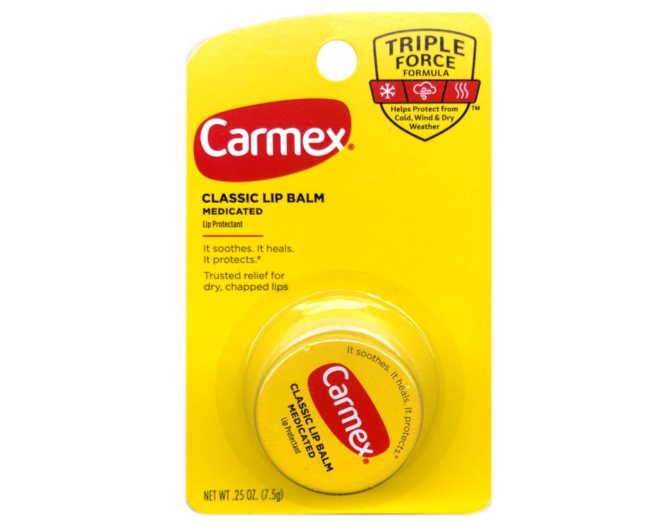 Carmex jar front view showing label and compact size for easy carrying