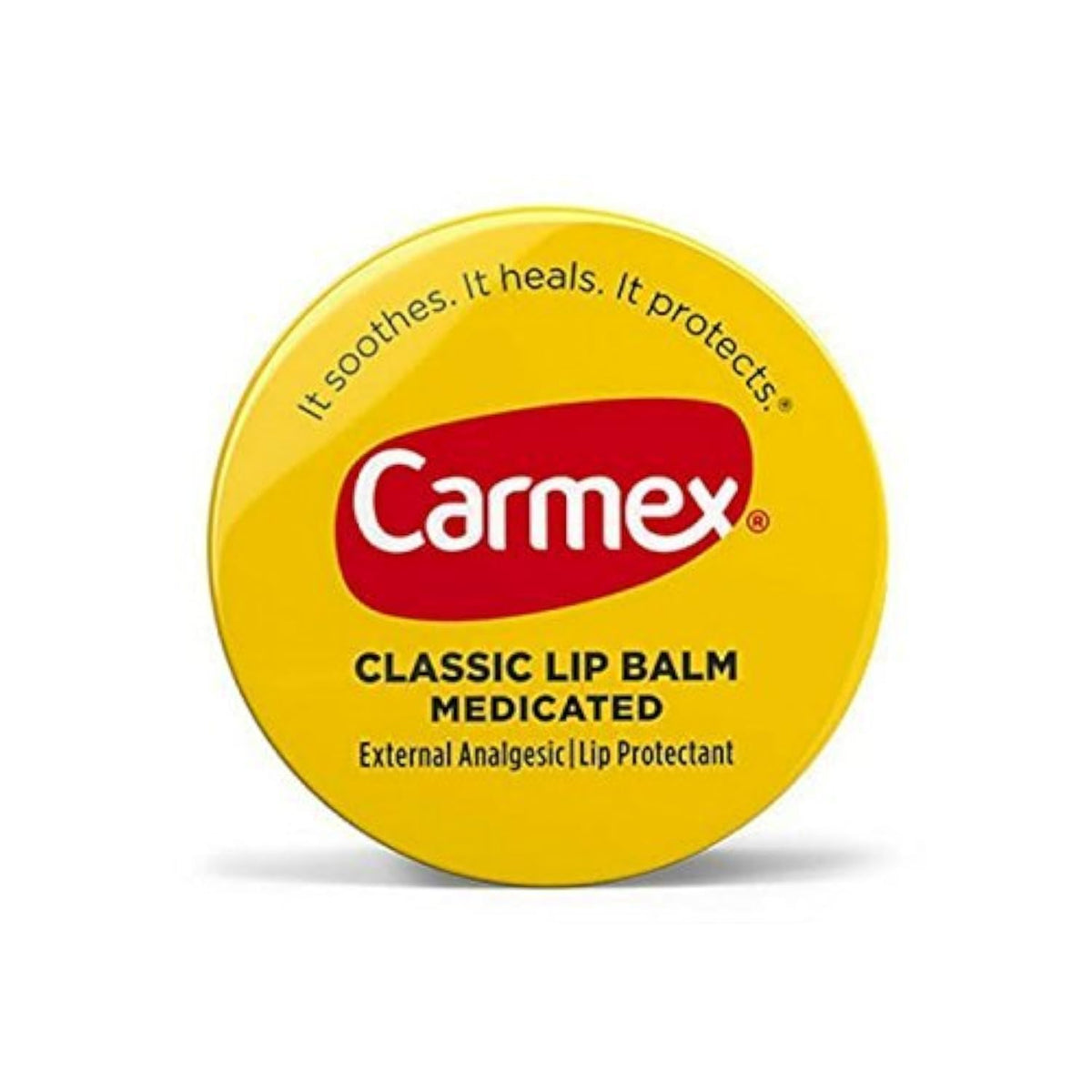 Carmex classic medicated lip balm stick front showing label and portability benefit