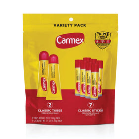 Carmex pack front view showing two tubes and seven sticks for moisturizing