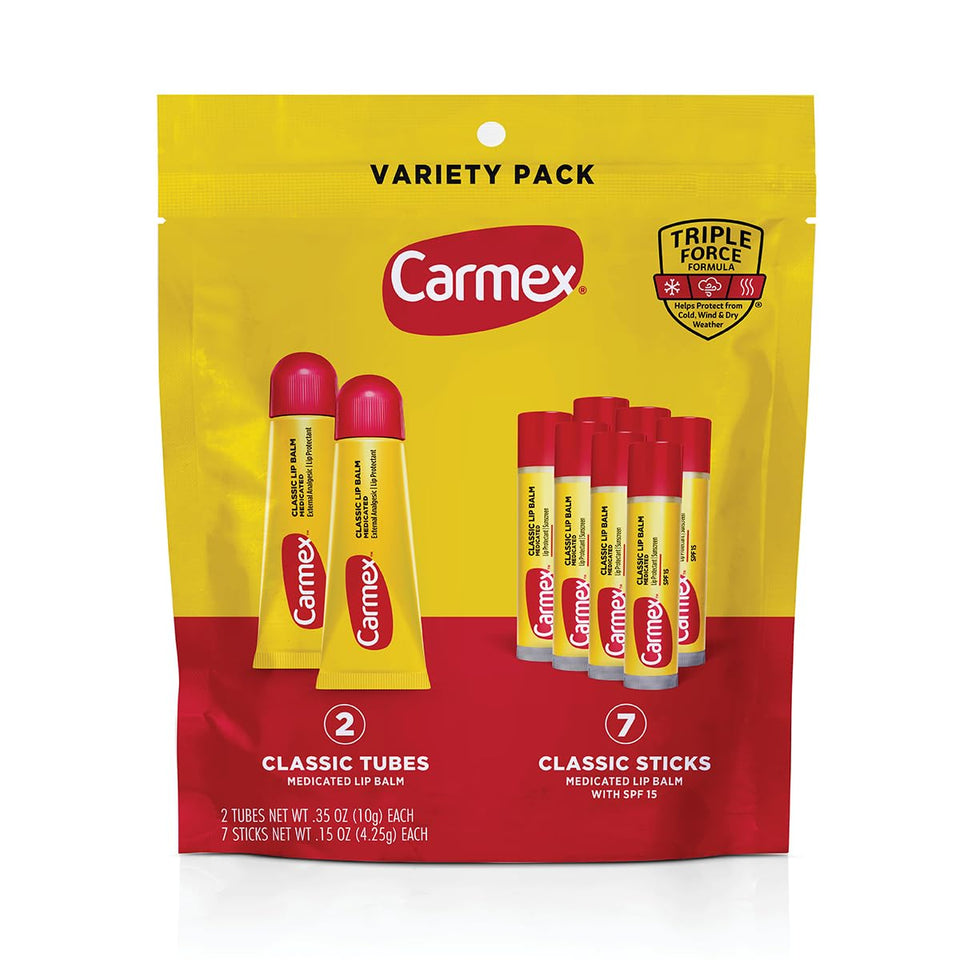 Carmex pack front view showing two tubes and seven sticks for moisturizing